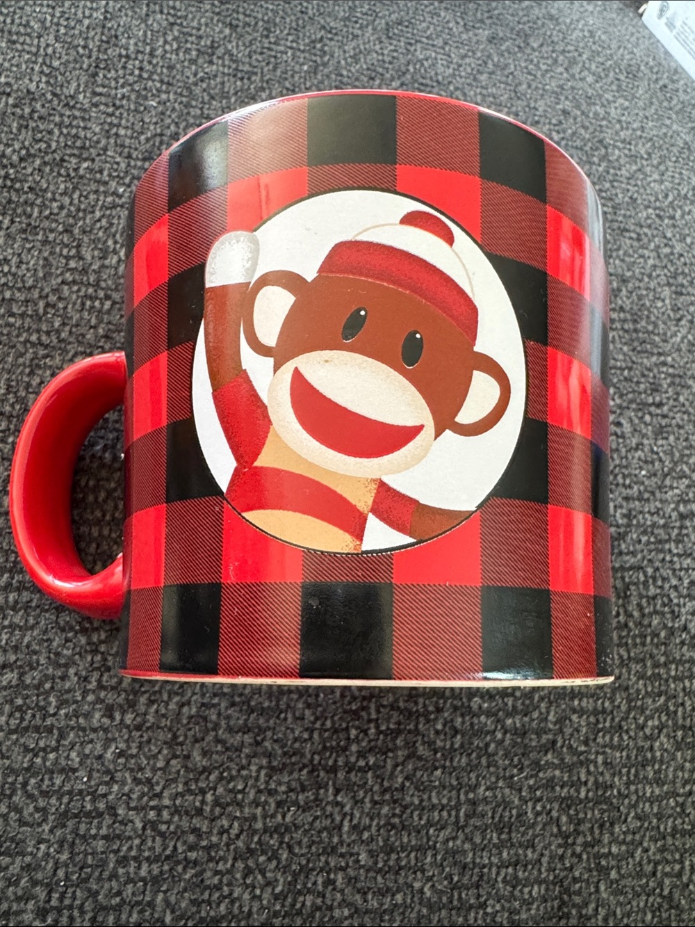 Cracker Barrel Red Buffalo Plaid Sock Monkey Mug Cup